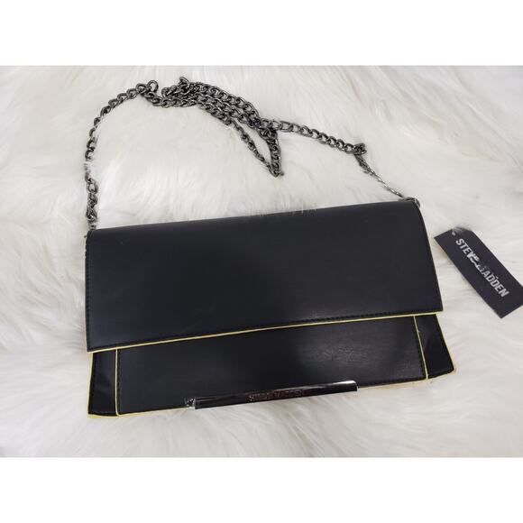 Steve Madden Black Clutch Yellow Trim Crossbody Chain‎ Strap Faux Leather - Picture 1 of 6